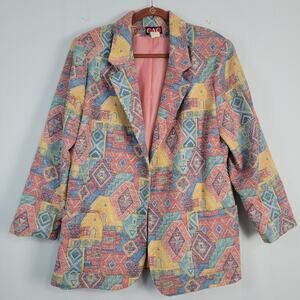 Vintage Southwestern Print Blazer sz 14 multicolor 80s 90s pockets colorful USA